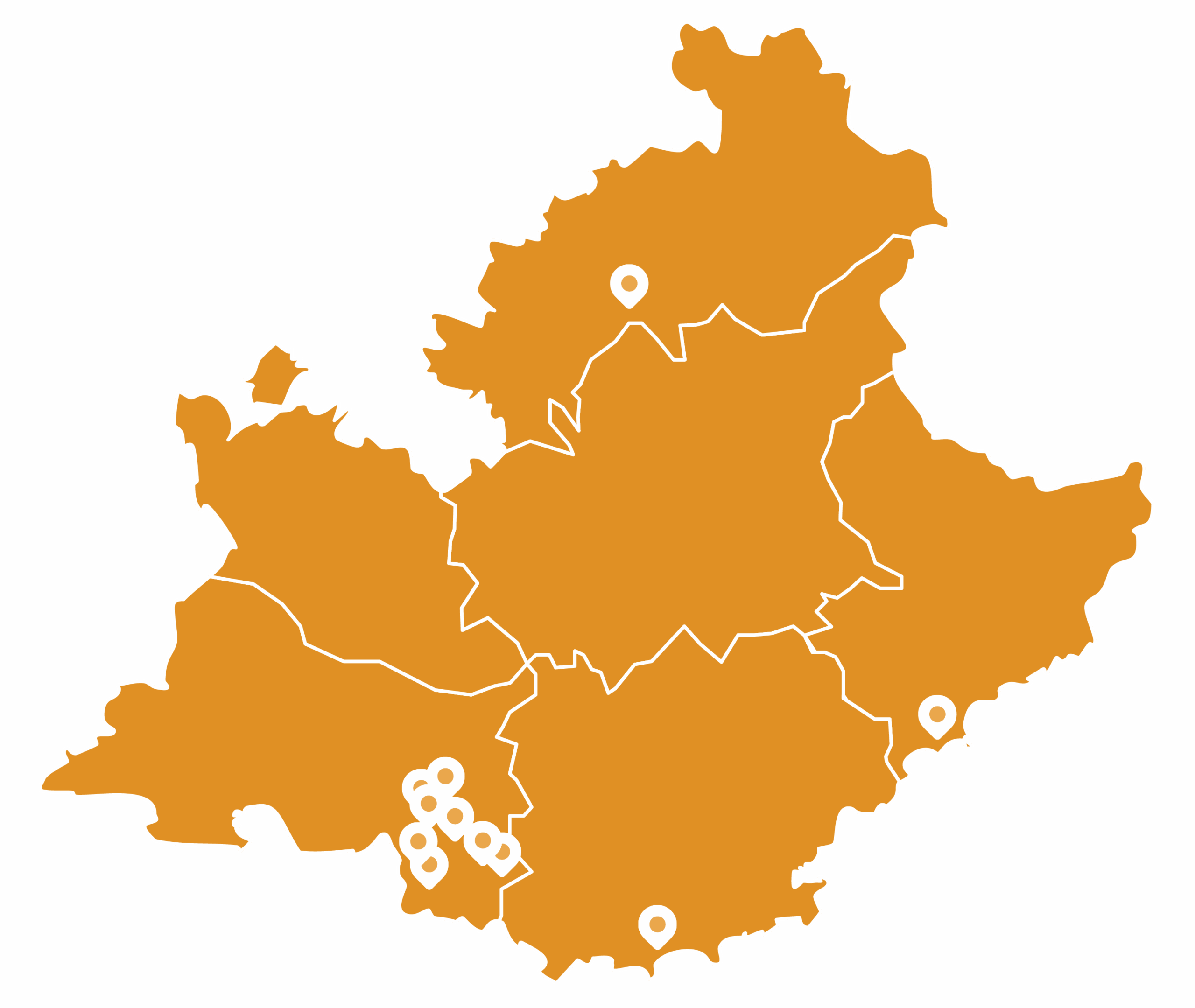 Carte de la réion PACA montrant l'implantation des établissements de JCM santé